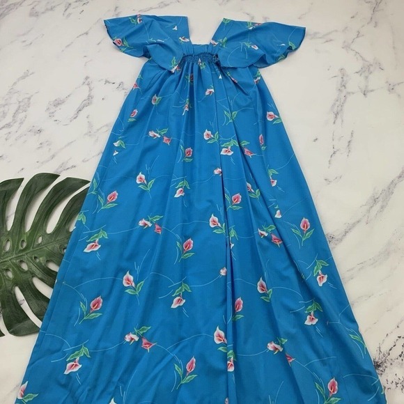 Hookano Womens Vintage Hawaiian Maxi Dress Size 16 Blue Pink Calla Lily Floral - Picture 7 of 10